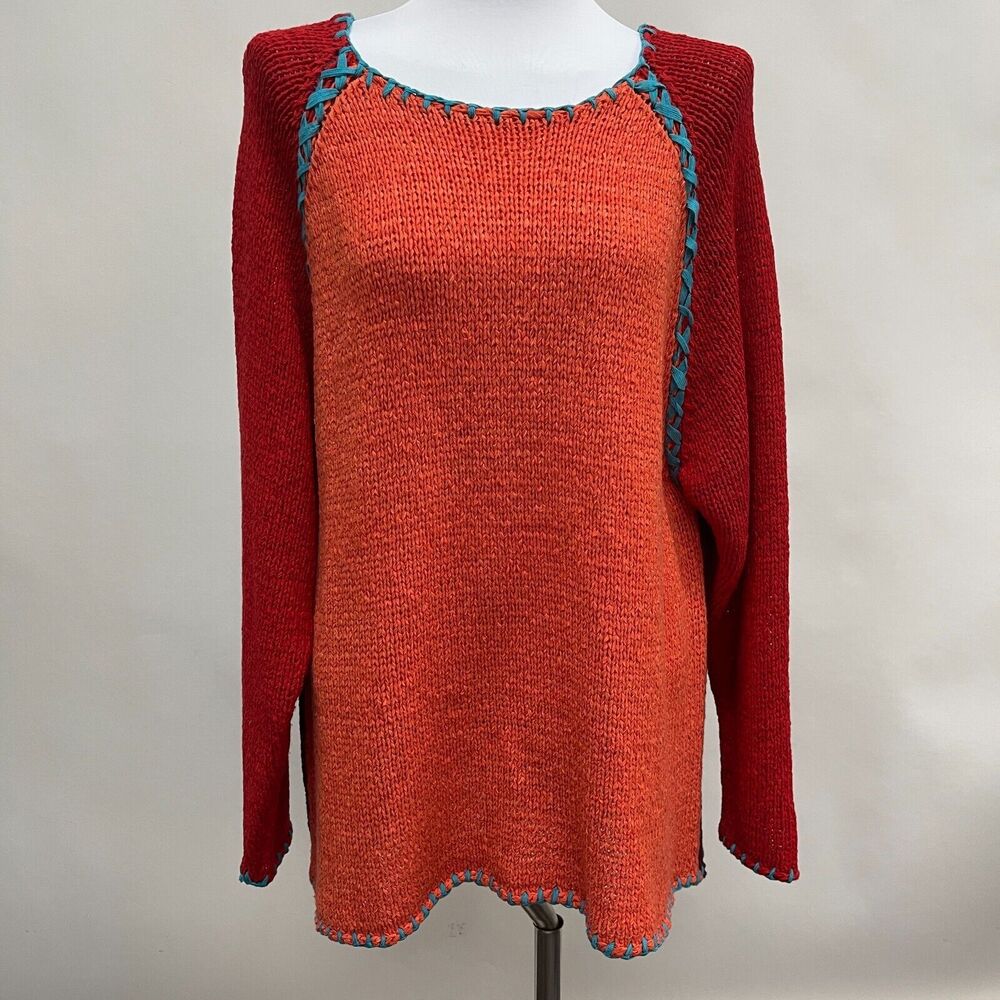 Jennifer‎ Jenny George Sketchbook Ribbon Sweater Size 2X Red Orange Purple Blue